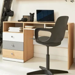 Dzieci Meblar Biurka Do Pokoju Młodzieżowego|Biurka Do Pokoju Dziecięcego*Biurko z szafką i szufladami do pokoju PIXEL PX8 biały,szary,dąb biszkoptowy