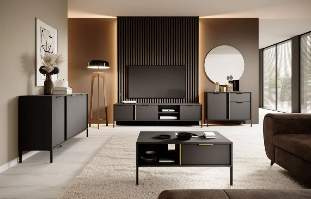 Laski Meble Komody Do Przedpokoju|Komody Do Jadalni*Duża komoda do salonu antracyt złoto Lars 3d