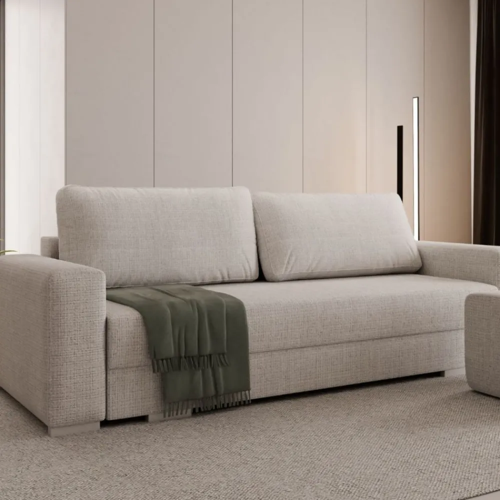 Hauss Kanapy I Sofy Do Salonu|Sofy Trzyosobowe*Duża sofa rozkładana z poduchami z pufą kolor jasnoszary z domieszką beżu Hermes Cremona 04