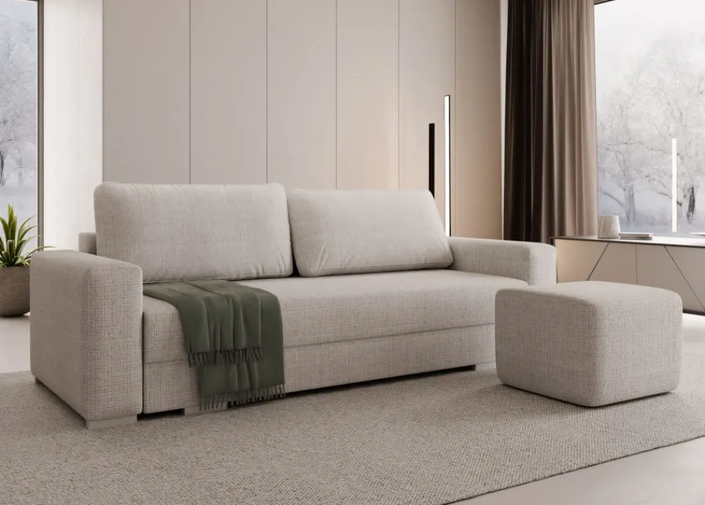 Hauss Kanapy I Sofy Do Salonu|Sofy Trzyosobowe*Duża sofa rozkładana z poduchami z pufą kolor jasnoszary z domieszką beżu Hermes Cremona 04