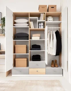 Dzieci Meblar Szafy Do Pokoju Młodzieżowego|Szafy Do Pokoju Dziecięcego*Duża szafa trzydrzwiowa z szufladami do pokoju PIXEL PX1 biały,szary,dąb biszkoptowy