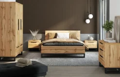 Helvetia Łóżka Drewniane*Łóżko do sypialni 160x200 ze stelażem i pojemnikiem na pościel Halle S dąb wotan