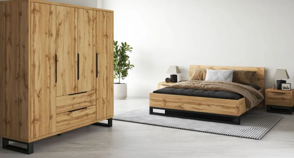 Helvetia Łóżka Drewniane*Łóżko do sypialni 160x200 ze stelażem i pojemnikiem na pościel Halle S dąb wotan