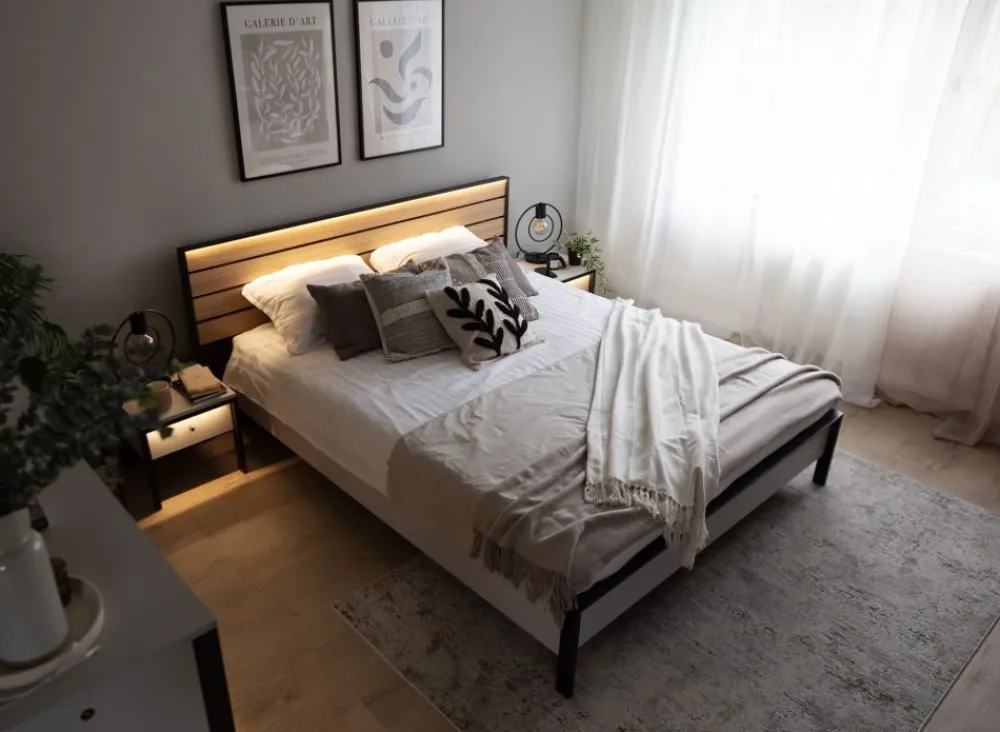 Lenart Łóżka Do Sypialni|Łóżka Drewniane*Łóżko 180x200 z pojemnikiem i oświetleniem Gris GS-02