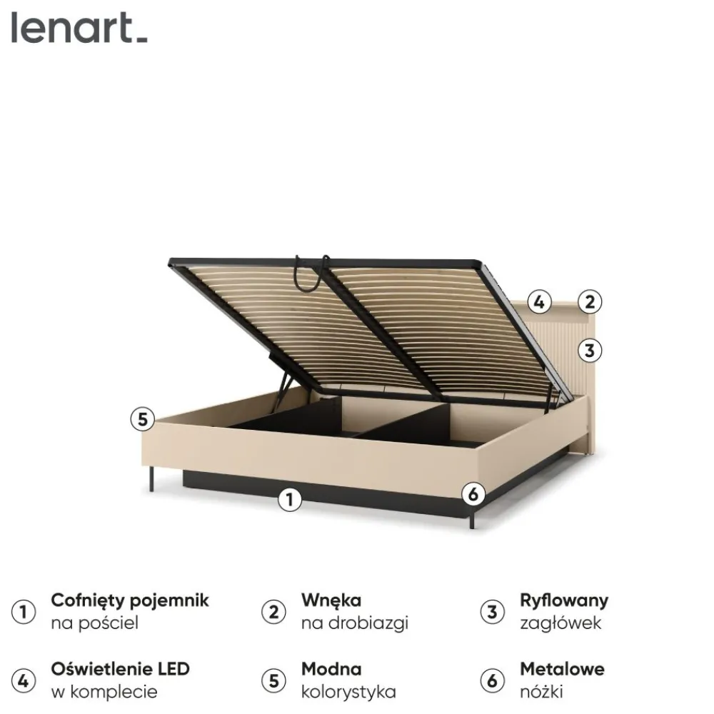 Lenart Łóżka Do Sypialni*Łóżko z lamelami i oświetleniem do sypialni 180x200 TREND TS-03(180) Beż piaskowy + czarny