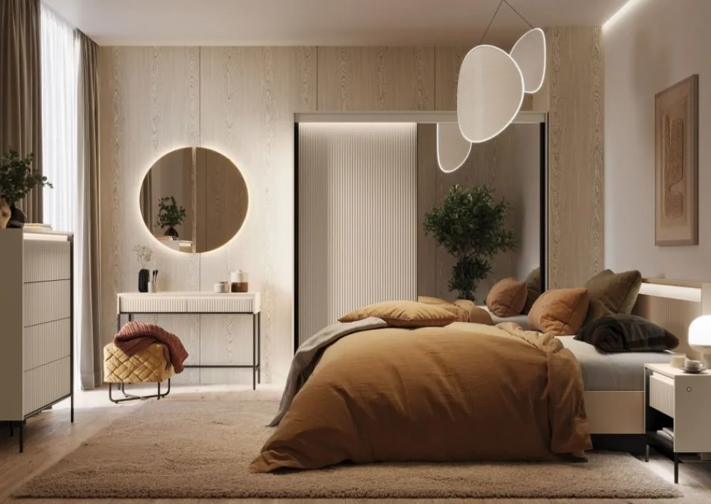 Lenart Łóżka Do Sypialni*Łóżko z lamelami i oświetleniem do sypialni 180x200 TREND TS-03(180) Beż piaskowy + czarny