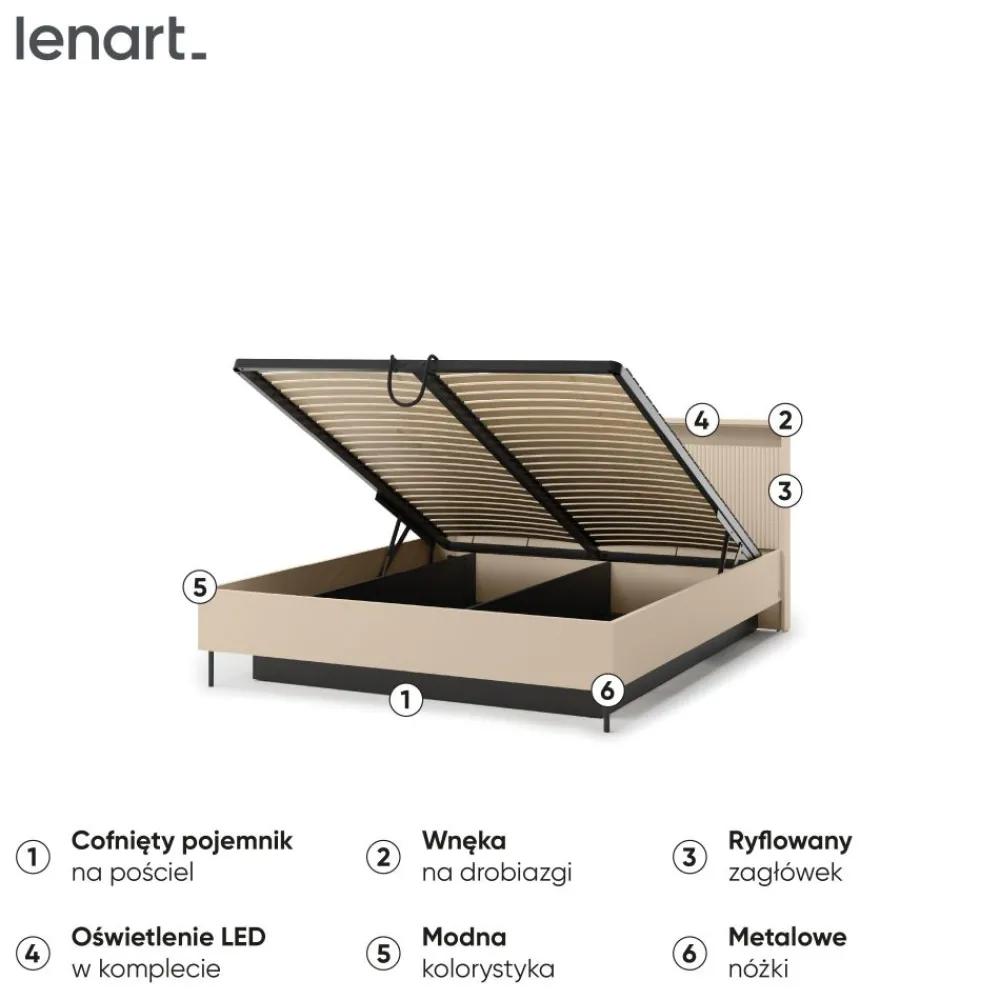 Lenart Łóżka Do Sypialni*Łóżko z oświetleniem i pojemnikiem do sypialni 160x200 TREND TS-03(160) Beż piaskowy + czarny