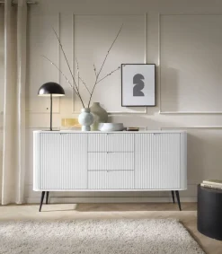 Piaski Komody Do Jadalni|Komody Do Salonu*Komoda dwudrzwiowa z trzema szufladami lamelowymi frontami Zova biała