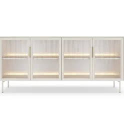 Laski Meble Komody Do Jadalni|Komody Do Sypialni*Komoda Lumi 4D – kaszmir / złote detale z oświetleniem LED i przeszklonymi frontami