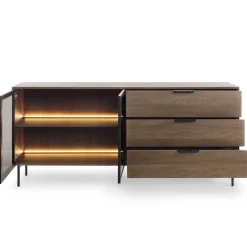 Laski Meble Komody Do Przedpokoju|Komody Do Jadalni*Komoda Lumi 2D3S – dąb dunin / czerń z przeszklonymi frontami i oświetleniem LED