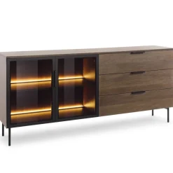 Laski Meble Komody Do Przedpokoju|Komody Do Jadalni*Komoda Lumi 2D3S – dąb dunin / czerń z przeszklonymi frontami i oświetleniem LED