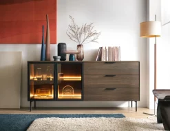 Laski Meble Komody Do Przedpokoju|Komody Do Jadalni*Komoda Lumi 2D3S – dąb dunin / czerń z przeszklonymi frontami i oświetleniem LED