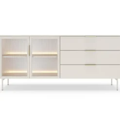 Laski Meble Komody Do Przedpokoju|Komody Do Jadalni*Komoda Lumi 2D3S – kaszmir / złote uchwyty / białe nóżki z oświetleniem LED i hartowanym szkłem