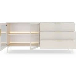 Laski Meble Komody Do Przedpokoju|Komody Do Jadalni*Komoda Lumi 2D3S – kaszmir / złote uchwyty / białe nóżki z oświetleniem LED i hartowanym szkłem