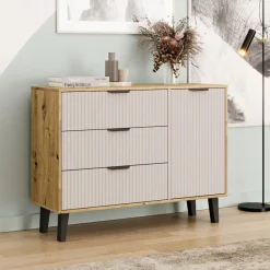 Mebelbos Komody Do Biura|Komody Do Przedpokoju*Komoda w kolorze dąb artisan z trzema szufladami i szafką 1D3S, kaszmirowe fronty BORG DUO