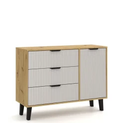 Mebelbos Komody Do Biura|Komody Do Przedpokoju*Komoda w kolorze dąb artisan z trzema szufladami i szafką 1D3S, kaszmirowe fronty BORG DUO