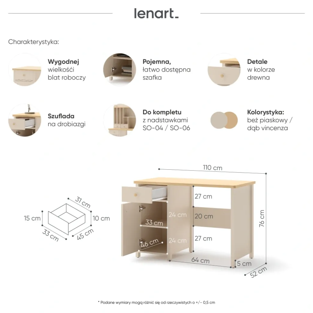Dzieci Lenart Biurka Do Pokoju Młodzieżowego|Biurka Do Pokoju Dziecięcego*biurko z nadstawką Story SO-03 + SO-04 beż piaskowy/dąb vincenza bielona