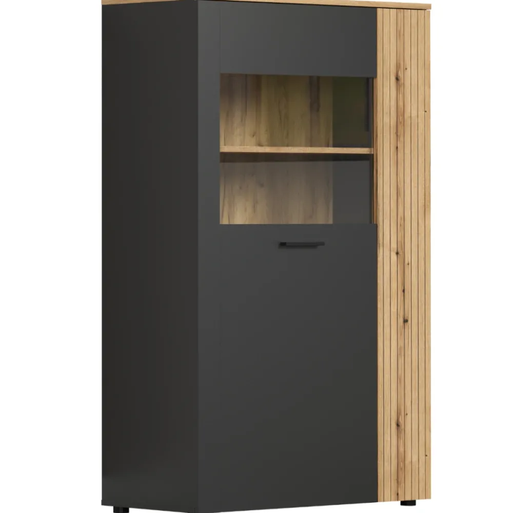 Mebelbos Witryny*Niska witryna Esteban 146 cm – witryna ze szkłem hartowanym grafit/dąb evok