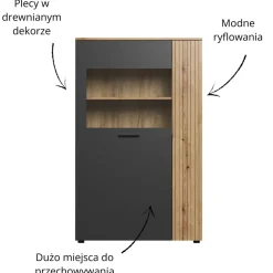 Mebelbos Witryny*Niska witryna Esteban 146 cm – witryna ze szkłem hartowanym grafit/dąb evok