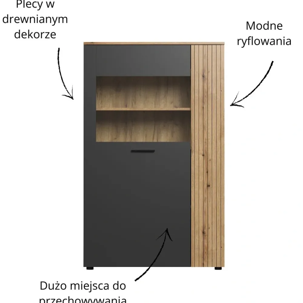 Mebelbos Witryny*Niska witryna Esteban 146 cm – witryna ze szkłem hartowanym grafit/dąb evok