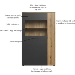 Mebelbos Witryny*Niska witryna Esteban 146 cm – witryna ze szkłem hartowanym grafit/dąb evok