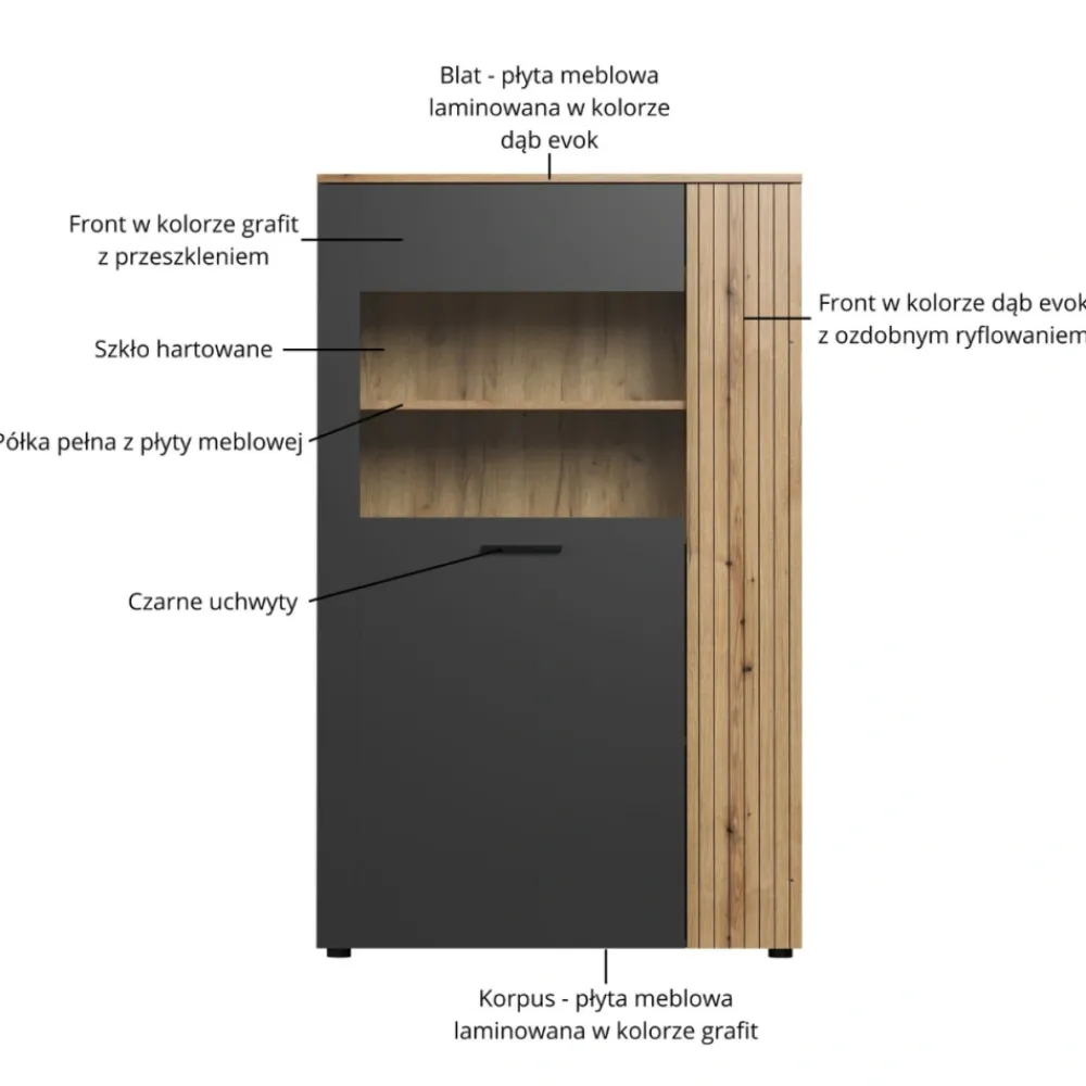 Mebelbos Witryny*Niska witryna Esteban 146 cm – witryna ze szkłem hartowanym grafit/dąb evok