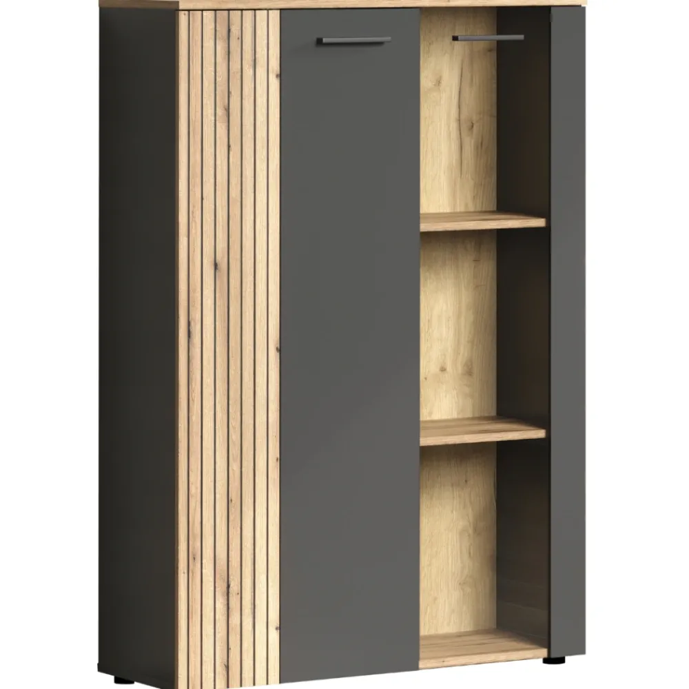 Mebelbos Witryny Do Jadalni|Witryny Do Salonu*Niska witryna stojąca 132 cm Esteban – nowoczesna witryna ze szkłem hartowanym grafit/dąb evok