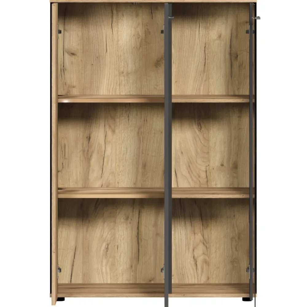 Mebelbos Witryny Do Jadalni|Witryny Do Salonu*Niska witryna stojąca 132 cm Esteban – nowoczesna witryna ze szkłem hartowanym grafit/dąb evok