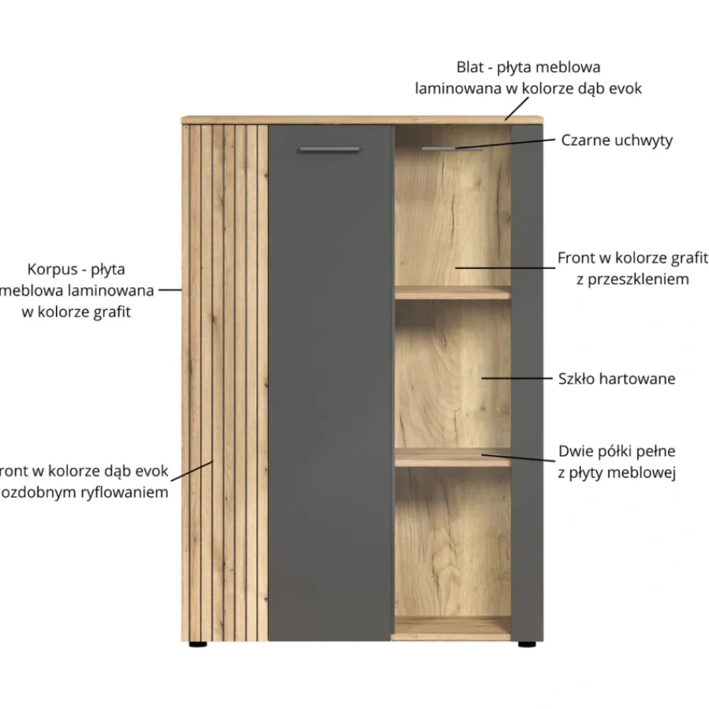 Mebelbos Witryny Do Jadalni|Witryny Do Salonu*Niska witryna stojąca 132 cm Esteban – nowoczesna witryna ze szkłem hartowanym grafit/dąb evok