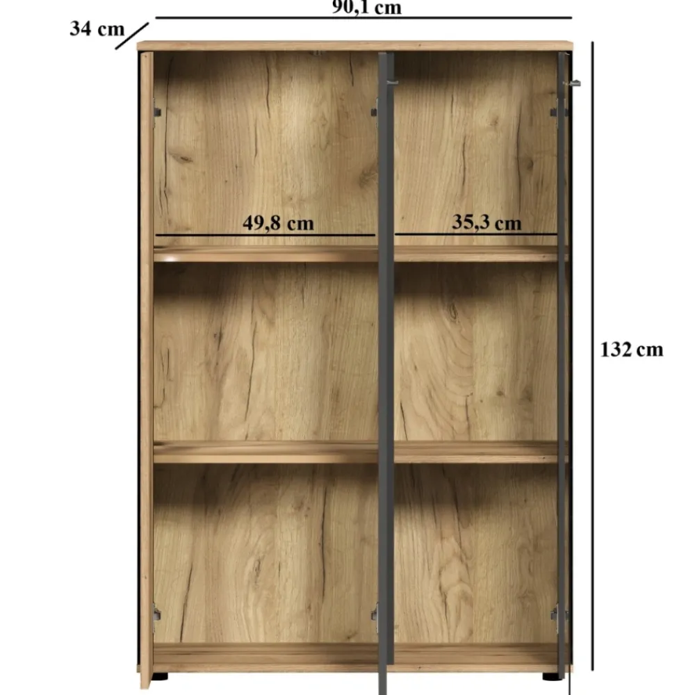 Mebelbos Witryny Do Jadalni|Witryny Do Salonu*Niska witryna stojąca 132 cm Esteban – nowoczesna witryna ze szkłem hartowanym grafit/dąb evok