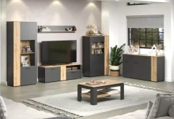 Mebelbos Witryny Do Jadalni|Witryny Do Salonu*Niska witryna stojąca 132 cm Esteban – nowoczesna witryna ze szkłem hartowanym grafit/dąb evok