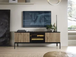 Piaski Szafki Rtv Do Salonu|Szafki Rtv*Przeszklona szafka RTV frezowana z oświetleniem Sento czarny / dąb wotan