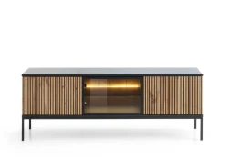 Piaski Szafki Rtv Do Salonu|Szafki Rtv*Przeszklona szafka RTV frezowana z oświetleniem Sento czarny / dąb wotan