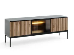 Piaski Szafki Rtv Do Salonu|Szafki Rtv*Przeszklona szafka RTV frezowana z oświetleniem Sento czarny / dąb wotan