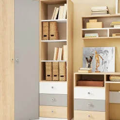 Dzieci Meblar Szafki I Regały Do Pokoju Młodzieżowego|Regały Do Pokoju Młodzieżowego*Regał otwarty z półkami i szufladami do pokoju PIXEL PX6 biały,szary,dąb biszkoptowy