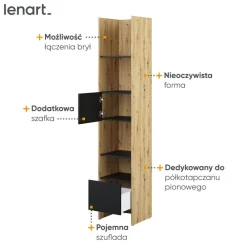 Lenart Tapczany|Nadstawki Do Półkotapczanu*REGAŁ Z SZAFKĄ I PÓŁKAMI BC-23 DO PÓŁKOTAPCZANU CZARNY / DĄB ARTISAN 44x218 BED CONCEPT