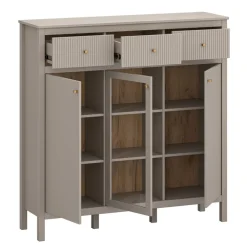 Mebelbos Komody Do Biura|Komody Do Przedpokoju*Skandynawska ryflowana komoda z witryną kolor taupe lamele KLEO KL-02