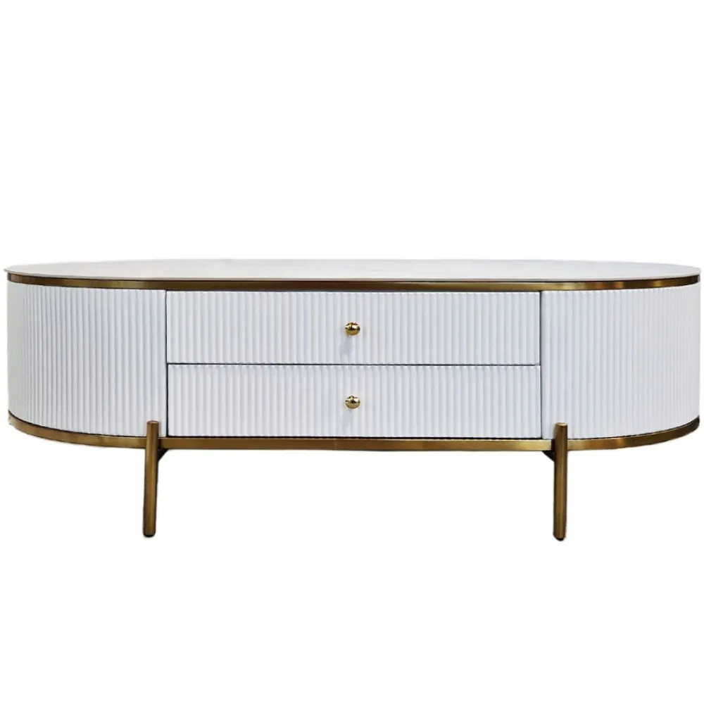 ArteHome Stoliki Kawowe I Ławy*Stolik kawowy biały Marion owalny ryflowany ze złoceniami