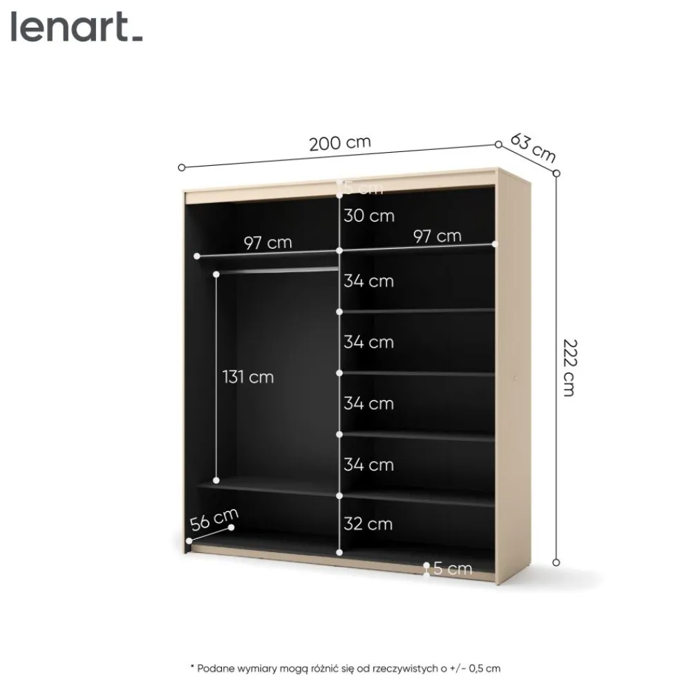Lenart Szafy Do Przedpokoju|Szafy Do Sypialni*Szafa na ubrania z lustrem do sypialni 200x222cm TREND SYPIALNIA TS-01 Beż piaskowy + czarny