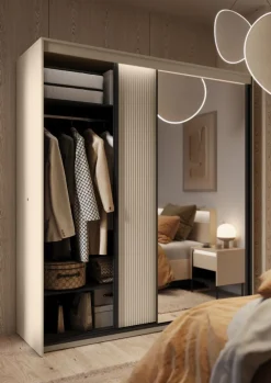 Lenart Szafy Do Przedpokoju|Szafy Do Sypialni*Szafa na ubrania z lustrem do sypialni 200x222cm TREND SYPIALNIA TS-01 Beż piaskowy + czarny