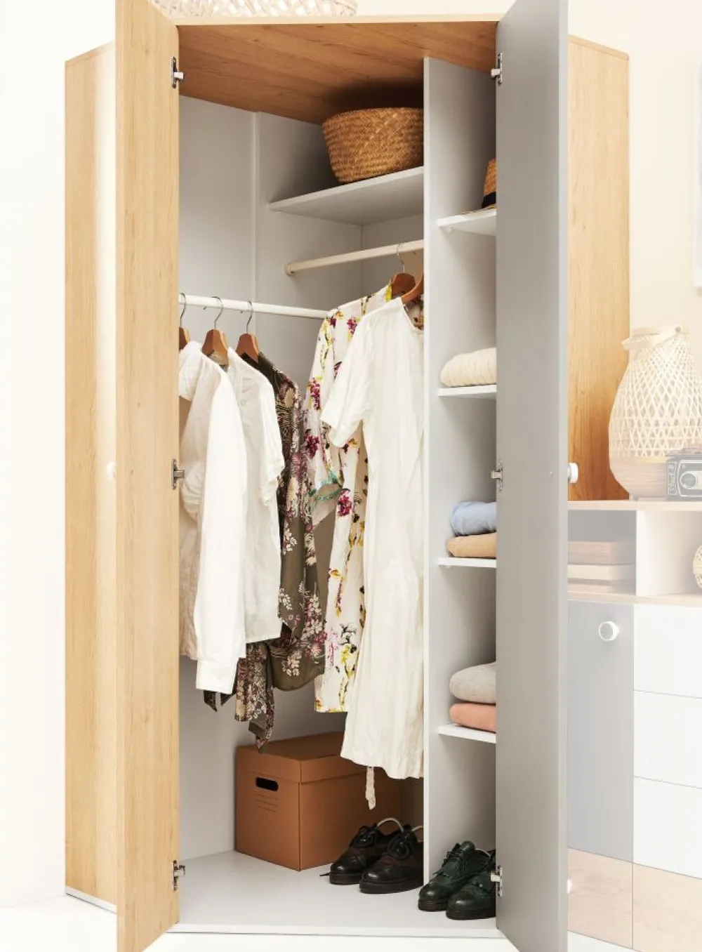 Meblar Szafy*Szafa narożna systemowa do pokoju PIXEL PX2 L/P szary,dąb biszkoptowy