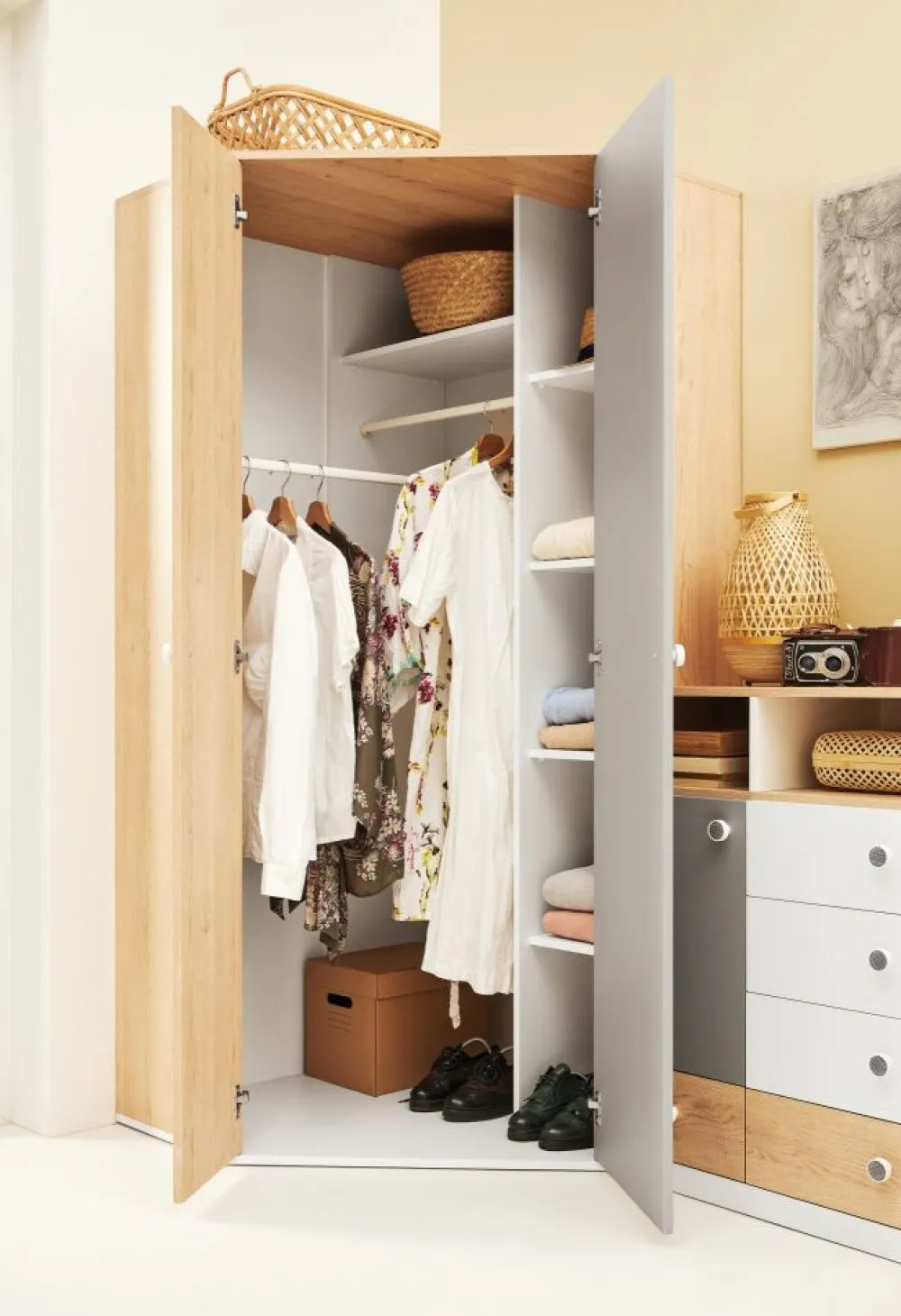 Meblar Szafy*Szafa narożna systemowa do pokoju PIXEL PX2 L/P szary,dąb biszkoptowy