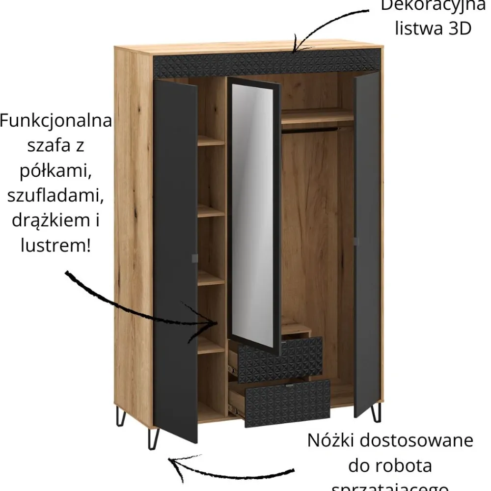 Mebelbos Szafy Do Przedpokoju|Szafy Do Pokoju Młodzieżowego*Szafa trzydrzwiowa z lustrem 3D2S Bellano