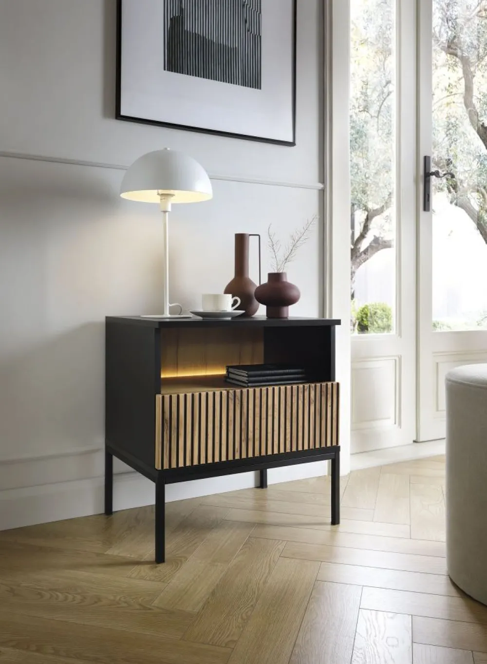 Piaski Szafki Nocne*Szafka nocna ryflowana Sento czarny / dąb wotan