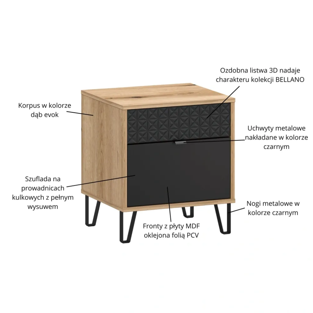 Mebelbos Szafki Nocne Do Pokoju Młodzieżowego|Szafki Nocne Do Sypialni*Szafka nocna z szufladą Bellano 1S dąb evoke