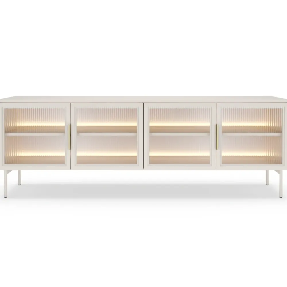 Laski Meble Szafki Rtv Do Salonu|Szafki Rtv*Szafka RTV Lumi 4D – kaszmir / złote uchwyty / białe nóżki z oświetleniem LED i hartowanym szkłem