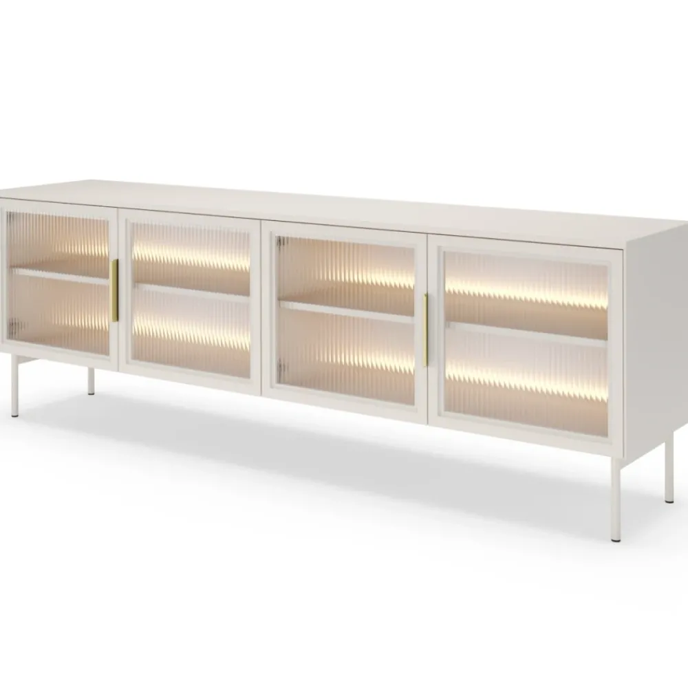 Laski Meble Szafki Rtv Do Salonu|Szafki Rtv*Szafka RTV Lumi 4D – kaszmir / złote uchwyty / białe nóżki z oświetleniem LED i hartowanym szkłem