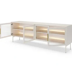 Laski Meble Szafki Rtv Do Salonu|Szafki Rtv*Szafka RTV Lumi 4D – kaszmir / złote uchwyty / białe nóżki z oświetleniem LED i hartowanym szkłem