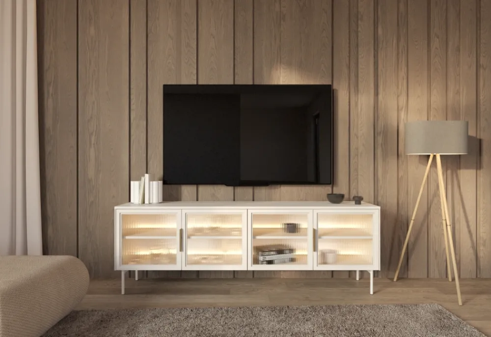 Laski Meble Szafki Rtv Do Salonu|Szafki Rtv*Szafka RTV Lumi 4D – kaszmir / złote uchwyty / białe nóżki z oświetleniem LED i hartowanym szkłem