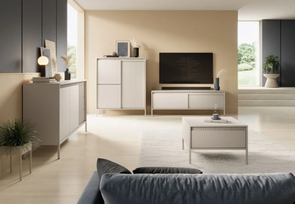 Laski Meble Szafki Rtv Do Salonu|Szafki Rtv*Szafka RTV ryflowana z szafkami Senso 2d beżowa